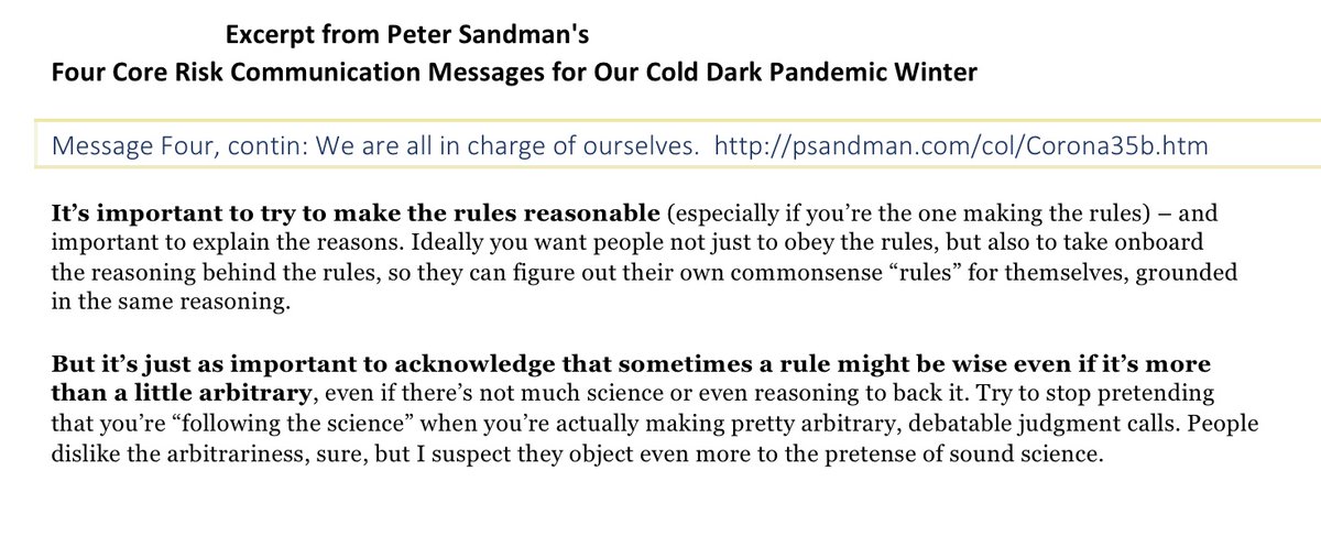 Sandman's Four Core Messages for Our Cold Dark Pandemic WinterMessage Four, final: We're all in charge of ourselves.-It’s important to try to make the rules reasonable.-But just as important to acknowledge that sometimes a rule might be wise even if it’s a bit arbitrary. 5/5