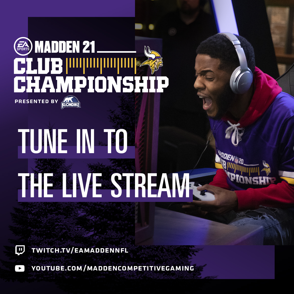 Vikings's tweet photo. The @EAMaddenNFL Club Championship presented by @Klondikebar goes live tomorrow night at 7pm! 

Watch @Lord__Kev and @TwitchPoiZzoN battle it out to be the #Vikings Club Champion!
 
🎮: https://t.co/cK6T8ojawx https://t.co/MpXfO8zNLF