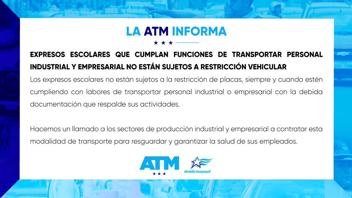 ATMGuayaquil's tweet photo. #ATMinforma • Sobre los expresos escolares, ellos no están sujetos a la restricción de placas porque forman parte de la cadena de producción al transportar la mano de obra de industrias y de empresas. https://t.co/B3phHfWIR0