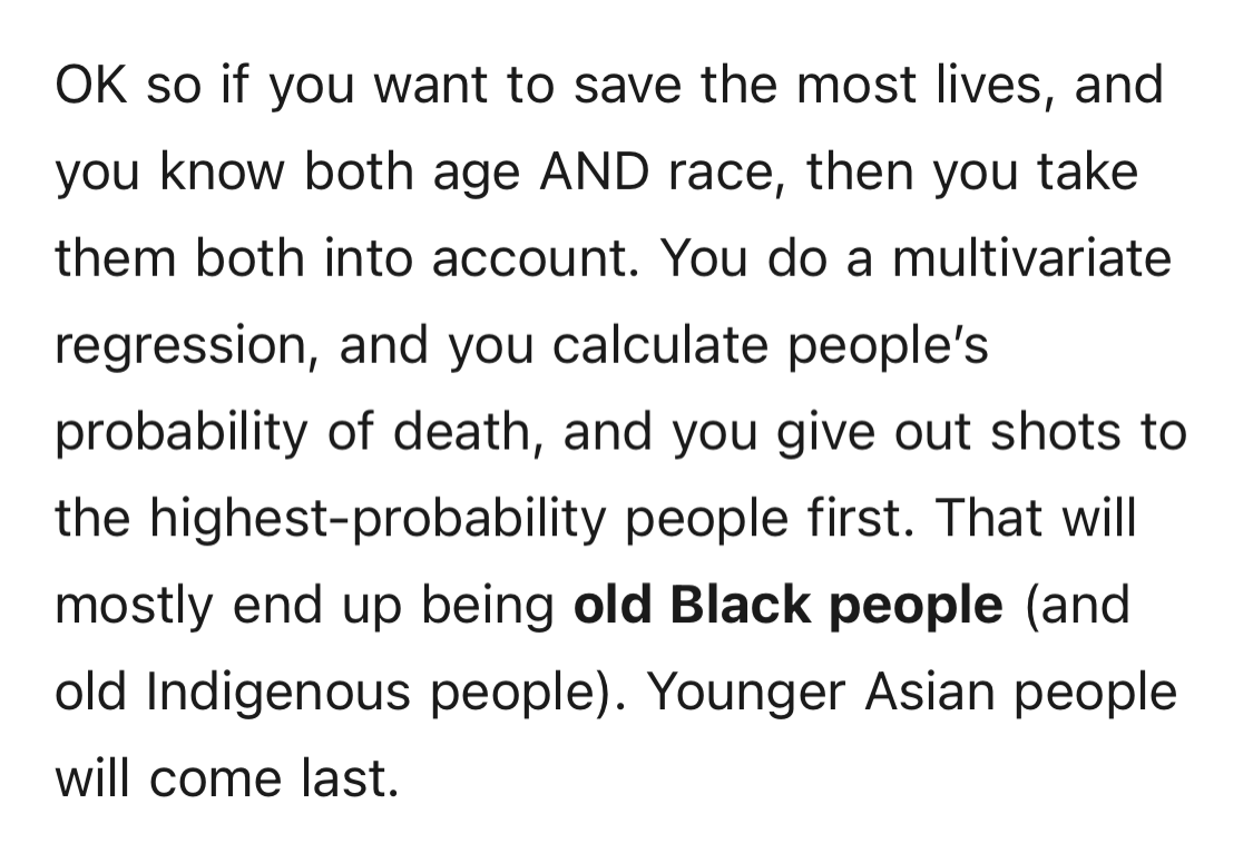 I appreciate the point  @Noahpinion is trying to make here, but this isn't at all how the either side of the argument framed things (or how the draft guidelines appeared to frame things!). Had it been I suspect many fewer folks would have gotten worked up. https://noahpinion.substack.com/p/vaccine-allocation-age-and-race