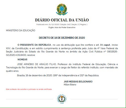 desenvale's tweet photo. DIARIO OFICIAL DA UNIÃO
MINISTÉRIO DA EDUCAÇÃO

NOMEIA

JOSÉ ARNOBIO DE ARAÚJO FILHO @profarnobio do IFRN, para exercer o cargo de REITOR do referido Instituto, com mandato de quatro anos...

https://t.co/M9mK1c78Rd

@IFRNCNAT @SouIFRN @IFRNpdf @funcern @IFRN_SantaCruz
@Propiifrn https://t.co/lRa4zGfCvo