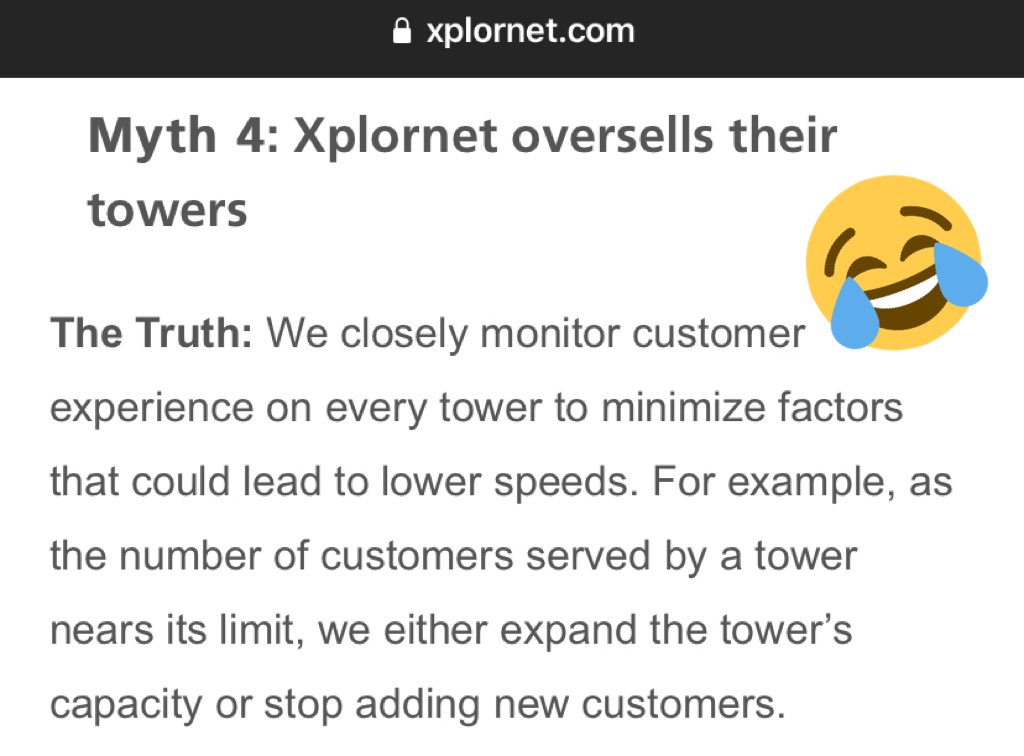 Then there’s  @Xplornet’s own website, where they have a Mythbuster article. If I’ve called multiple times over the years and you can’t fix the problem of my 3 Mbps speed when it should be 25, there’s something wrong.  https://www.xplornet.com/blog/xplornets-new-and-upgraded-lte-towers/10/