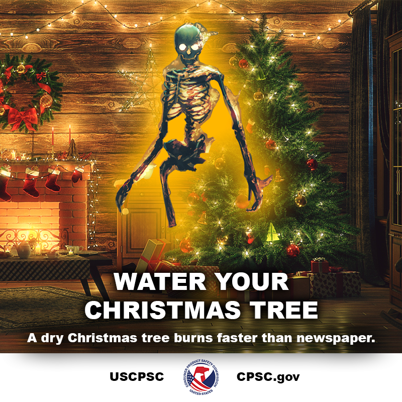 A fire skeleton coming out from behind a Christmas tree in a lovely cottage home. The text reads: Water your Christmas tree. A dry Christmas tree burns faster than newspaper.