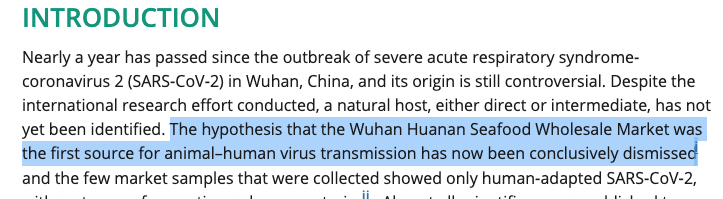 Yet another surprise: Yuri’s essay cherry-picks, too. One of its early lines says the Wuhan market had been dismissed as a source of the outbreak... citing a WSJ article that stated both the market AND the Wuhan Institute of Virology had been ruled out.  https://www.wsj.com/articles/china-rules-out-animal-market-and-lab-as-coronavirus-origin-11590517508