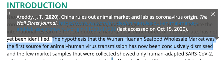 Yet another surprise: Yuri’s essay cherry-picks, too. One of its early lines says the Wuhan market had been dismissed as a source of the outbreak... citing a WSJ article that stated both the market AND the Wuhan Institute of Virology had been ruled out.  https://www.wsj.com/articles/china-rules-out-animal-market-and-lab-as-coronavirus-origin-11590517508
