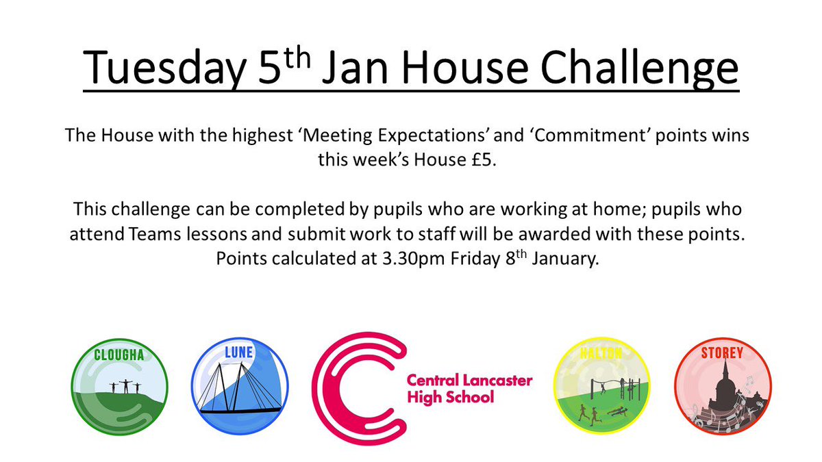 ClhsHouses's tweet image. Thank you for a great first day of home learning, you have adapted so well and so quickly. Some of us may be at home but the house challenges continue! Here is our first for term 2. Take care CLHS