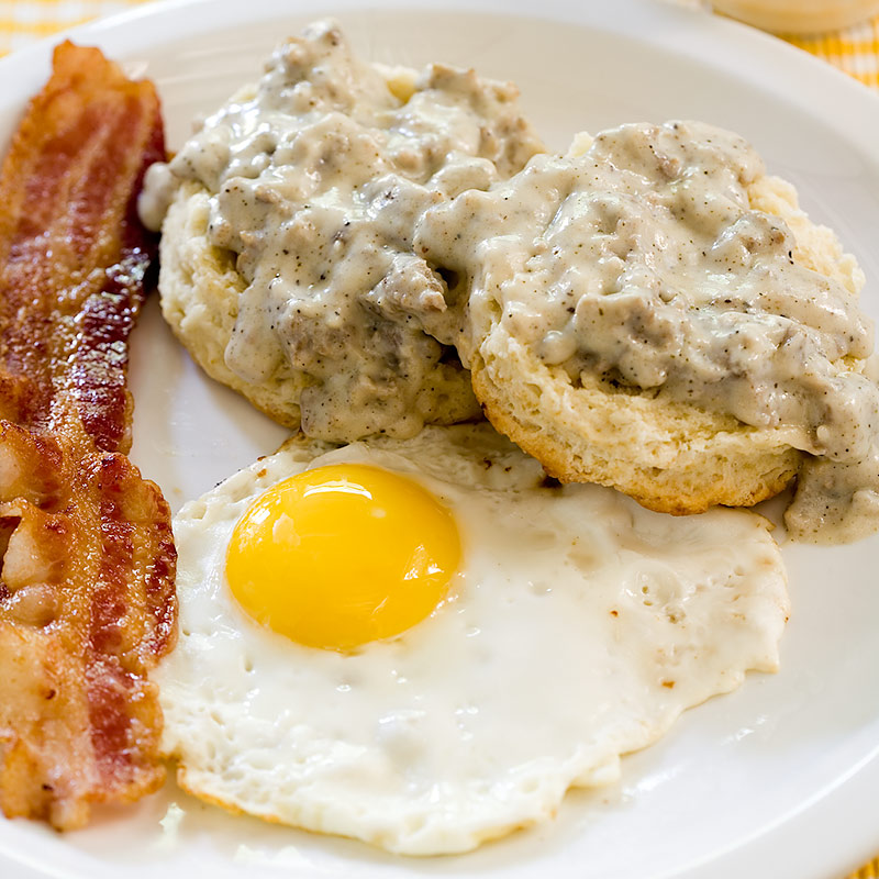 Here is a good example: Crispy bacon (the only kind we know, and an exception to "war on texture), fried egg, and "biscuits" with sausage gravy.I'm hungry. Better go get a snack and GBTW.