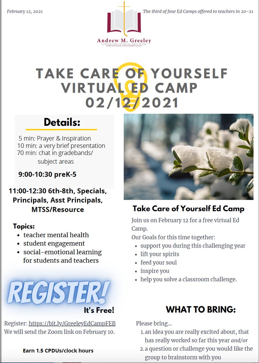 Come join The Greeley Center virtually for a Take Care of Yourself Ed Camp! 3rd of 4 for the year. Chat with fellow teachers, learn something, problem solve. It's free! 

Register here: bit.ly/GreeleyEdCampF…