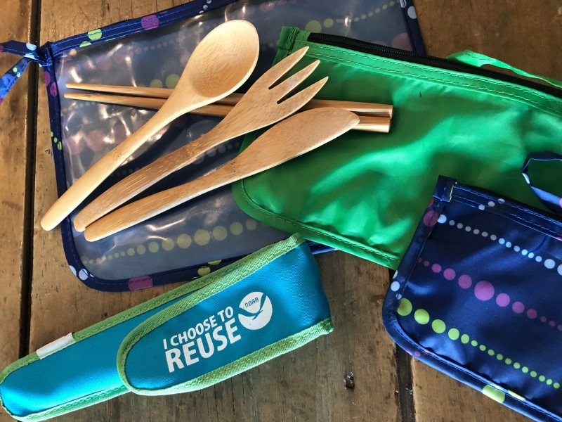 Reusable bamboo utensils and food storage bags.