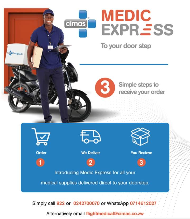 CimasHealth's tweet photo. Stay IN and keep Covid19 OUT with Medic Express convenience!
Have all your medicines delivered to your doorstep so you stay safe at home always. Call 922 or 0242700070; WhatsApp: 0714612027. Email: flightmedical@cimas.co.zw
#MedicExpress #MoreWithUs https://t.co/NT97003bNe