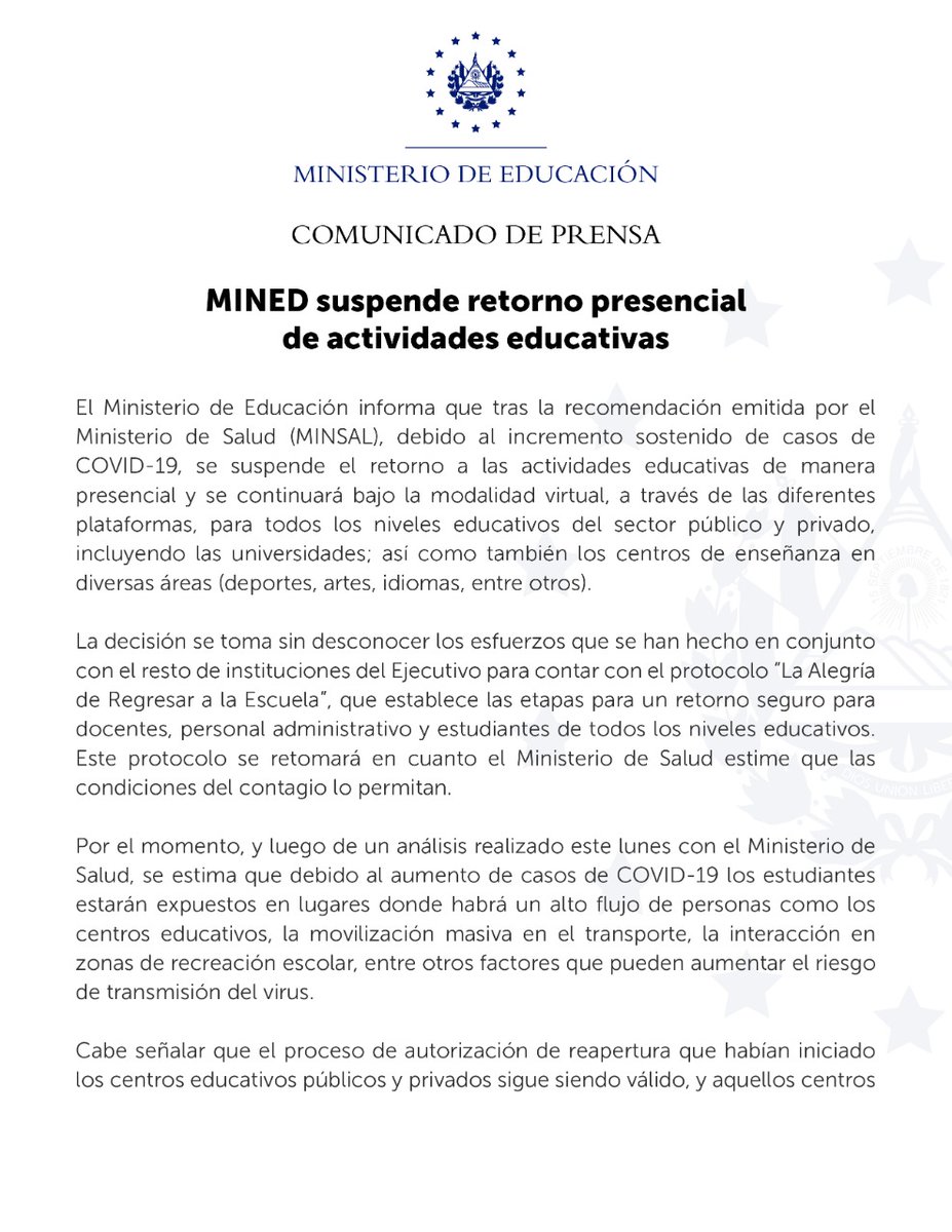 EducacionSV's tweet image. Comunicado sobre suspensión de actividades educativas presenciales.