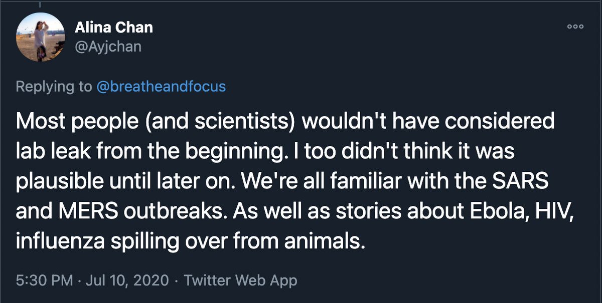 With SARS2, you claim there is no evidence for its zoonotic origins because the virus hasn’t been isolated from a bat or intermediate animal host. Related Q,  @Ayjchan: In July, you said you're familiar with stories about Ebola spilling over from animals. That is surprising...