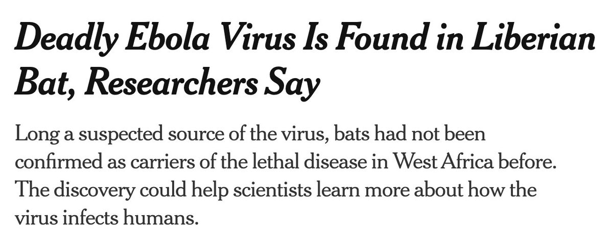 ...because the Zaire ebolavirus wasn’t detected in bats until January 2019--years after the start of recent outbreaks and decades after the virus's emergence.  https://www.nytimes.com/2019/01/24/health/ebola-bat-liberia-epidemic.html