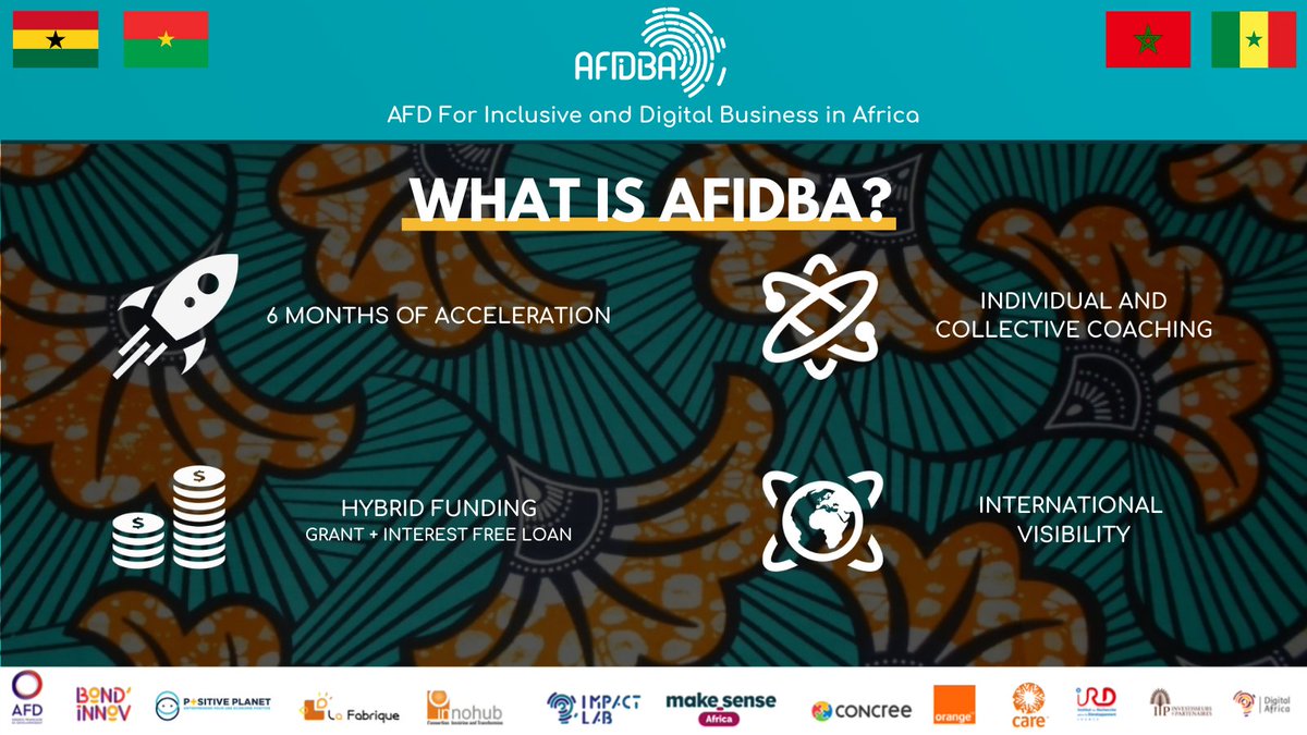 ⚡Inclusive and digital entrepreneurs from Ghana 🇬🇭, Morocco 🇲🇦, Senegal 🇸🇳 and Burkina Faso 🇧🇫, take a chance and apply!

To apply:
afidba.com/en/call-for-ap…

#inclusiveentrepreneurship #africandevelopment #africa #morocco #ghana #burkinafaso #senegal #entrepreneurship #impact