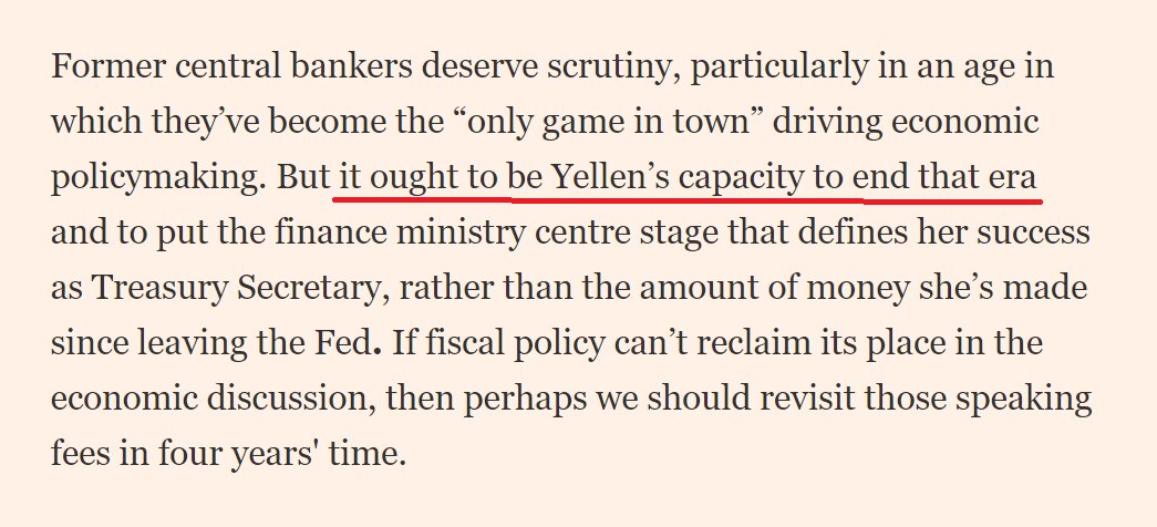 Maybe it's just me, but is the suggestion here really that Yellen is going to somehow DIMINISH the role of inbred-economists like herself and make the Treasury Department our savior? What in her sordid history would give anyone that idea?We are in for an interesting 4 years.