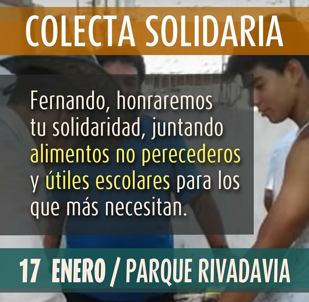 El 18 de Enero se cumple un aΓ±o del brutal asesinato de Fernando BΓ‘ez Sosa en Villa Gesell, sus padres, familia y amigo piden ayuda para difundir lo q estan organizando, recordarlo haciendo lo q mΓ‘s satisfacciΓ³n le daba a Fer, ayudar al prΓ³jimo.
Gracias x RT
#JusticiaPorFernando https://t.co/9vw3IYZOZo