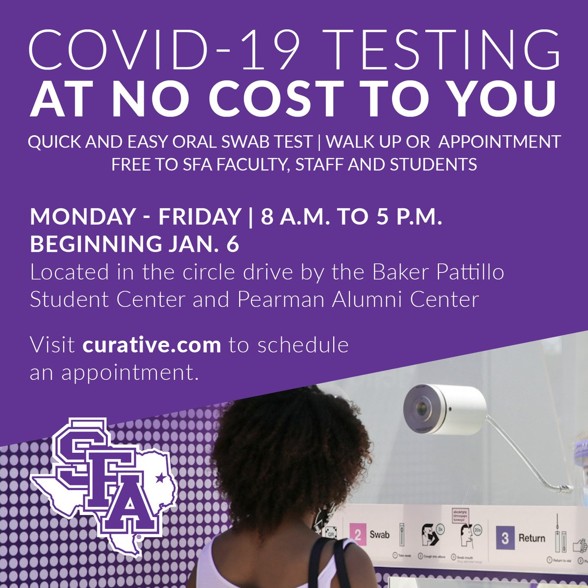 Beginning January 6- you can have a quick and easy oral swab test done on campus! Visit curative.com to schedule an appointment #LumberjackStrong