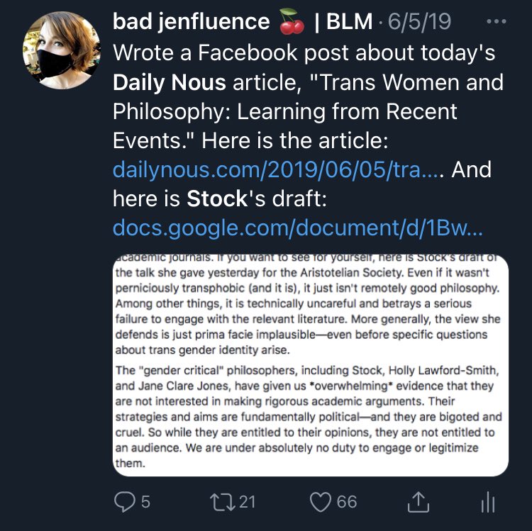 Oh! One more thing!!!I think it is *very* instructive to see what happened with Stock and  @DailyNousEditor who, if not an early sympathizer, was at least willing to platform her; and whom many of us criticized in 2019 for being too taken-in by her “apparent reasonableness”.