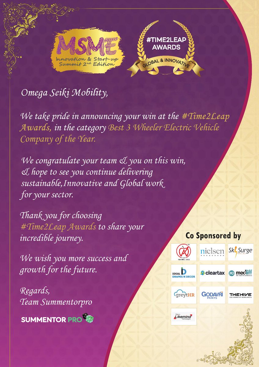 OSMobility_IN's tweet photo. As we accept the #Time2Leap Award for the Best 3 Wheeler Electric Vehicle Company of The Year, we feel nothing but grateful, delighted and strive to become better every day. #OSMobility #OneSmartMove #Time2Leap #Summentorpro #NationalAwards https://t.co/aaDqfU8HRy