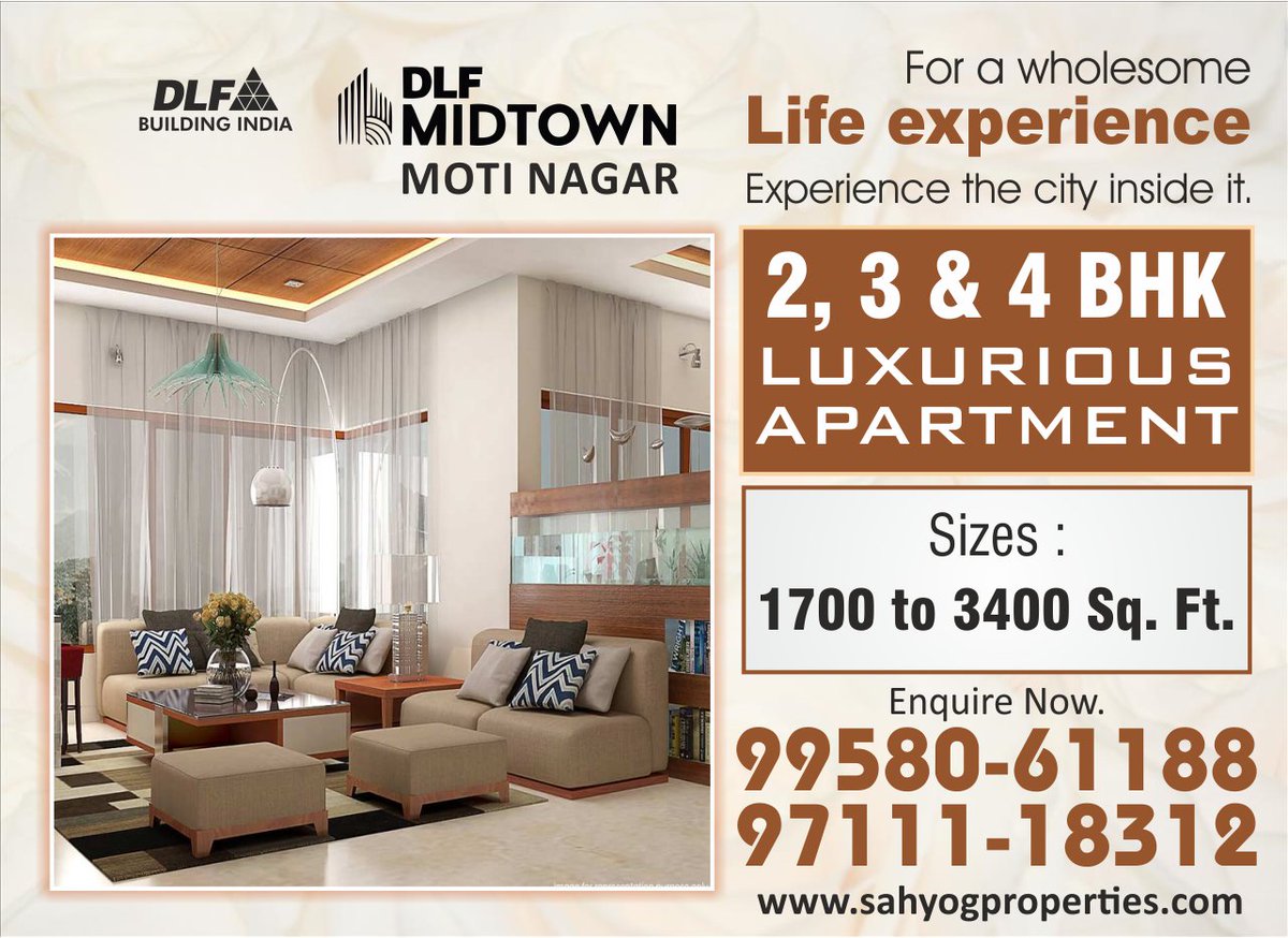 for a wholesale Life experience - experience the city inside it.

2, 3 &amp; 4 BHK Luxurious Apartment - Size : 1700 to 3400 Sq. Ft.
enquiry now : 9958061188, 9711118312
sahyogproperties.com