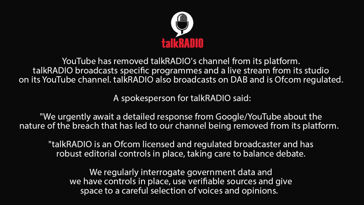 If you’re not already a listener or follower of talk radio, I would recommend you become one today and stand up to this big tech attempted silencing of free speech by the evermore Orwellian YouTube 
@talkRADIO <a href="/Iromg/">Mike Graham 🇬🇧</a> <a href="/JuliaHB1/">Julia Hartley-Brewer</a>