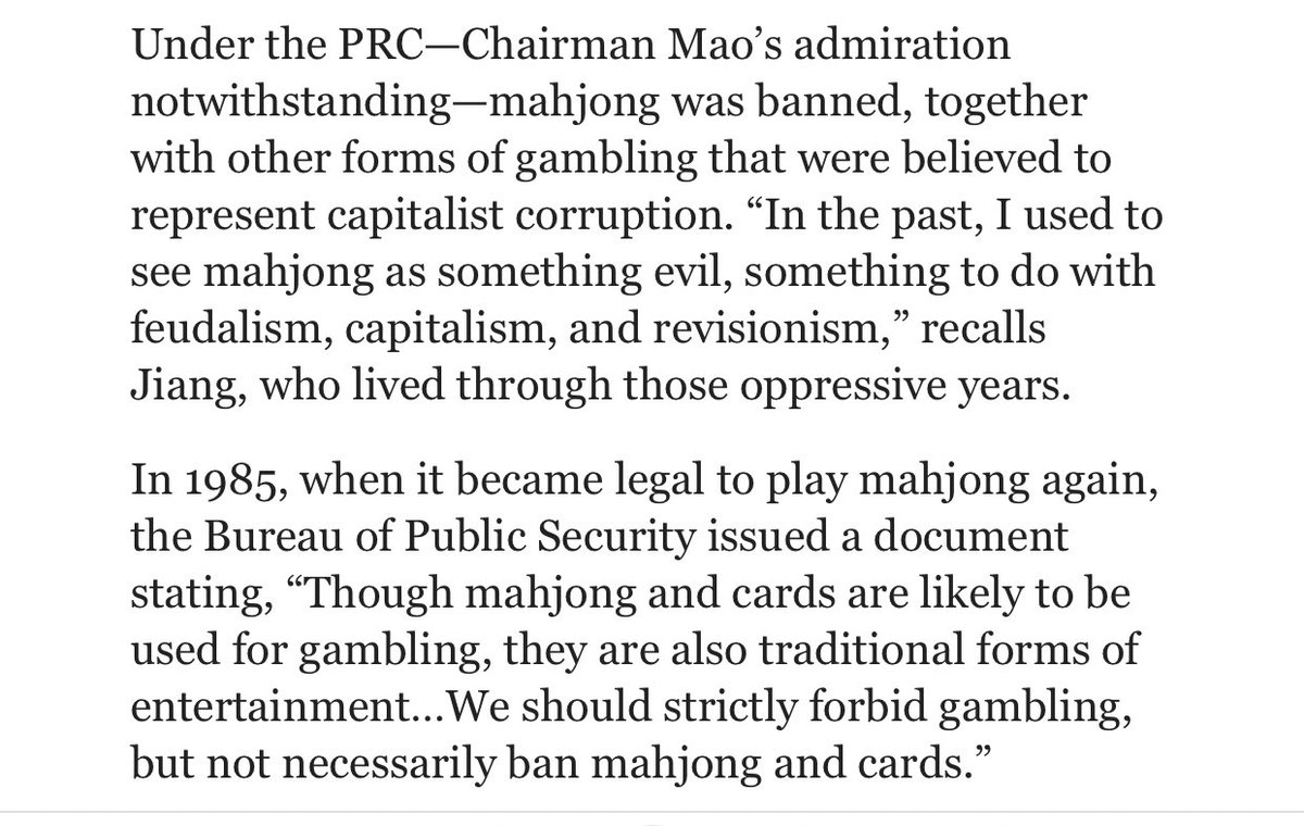 I'll probably need to dig deeper but this article skims a little of mahjong's history in mainland China where it was banned alongside gambling until 1985 and it's more recent revival.  https://www.theworldofchinese.com/2019/11/tales-of-the-tile/