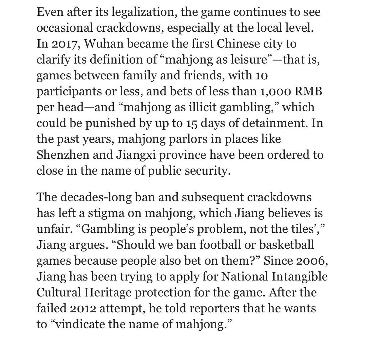 I'll probably need to dig deeper but this article skims a little of mahjong's history in mainland China where it was banned alongside gambling until 1985 and it's more recent revival.  https://www.theworldofchinese.com/2019/11/tales-of-the-tile/