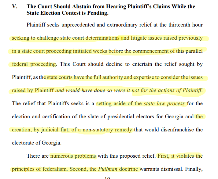 So, here's the core of Georgia's abstention argument: Federalism (some things are state issues, some are federal, and this is a state issue), Pullman abstention (state courts, not federal courts, get first crack at whether state law is constitutional), and