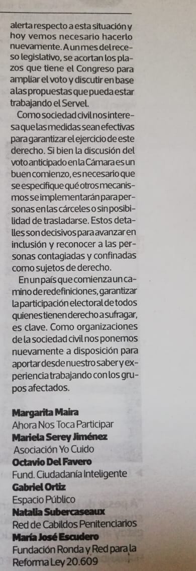 Hoy carta a <a href="/latercera/">La Tercera</a> en conjunto con <a href="/ahrnostoca/">Ahora Nos Toca Participar</a> sobre la importancia de garantizar el derecho a voto de las personas sin posibilidad de trasladarse, entre ellas, las 14.000 personas privadas de libertad.