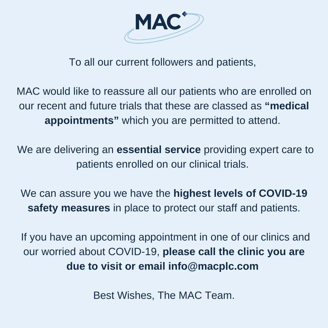 If you have an upcoming appointment in one of our clinics and our worried about COVID-19, please call the clinic you are due to visit or email info@macplc.com