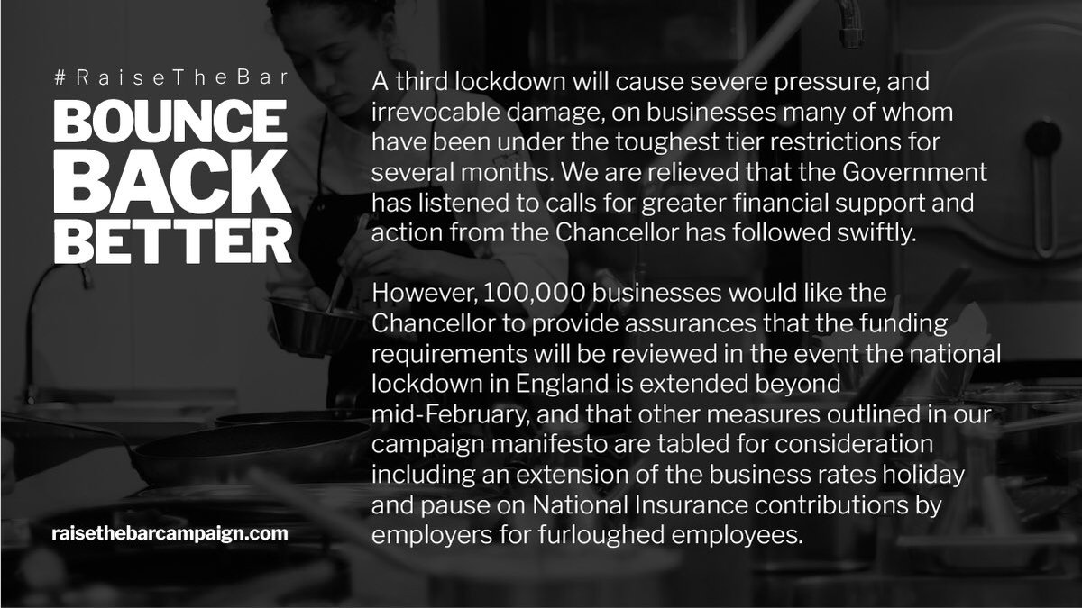 We are relieved that the Government has listened to calls for greater financial support. However, over 100,000 businesses would like <a href="/RishiSunak/">Rishi Sunak</a> to provide assurances that funding requirements will be reviewed if the national lockdown in England is extended beyond mid-February 👇🏻