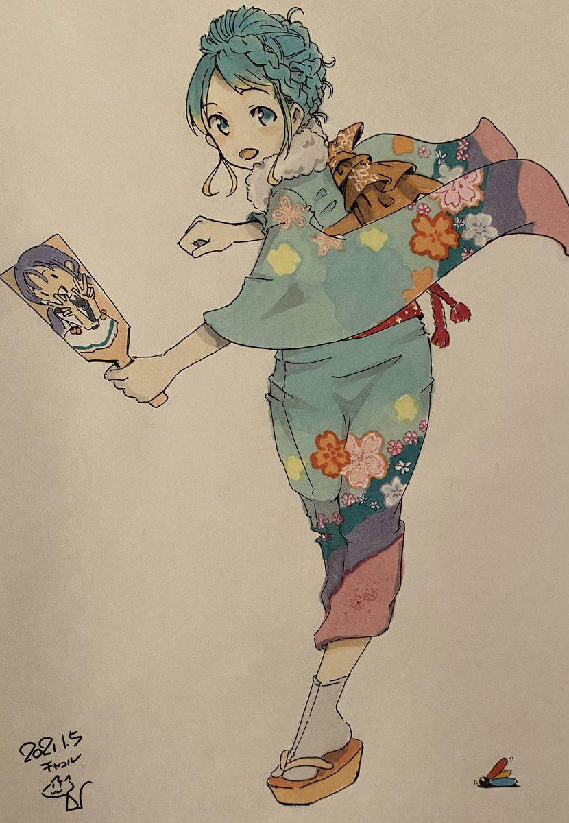 samidare (kancolle) ,suzukaze (kancolle) japanese clothes kimono 1girl blue hair hagoita paddle solo  illustration images