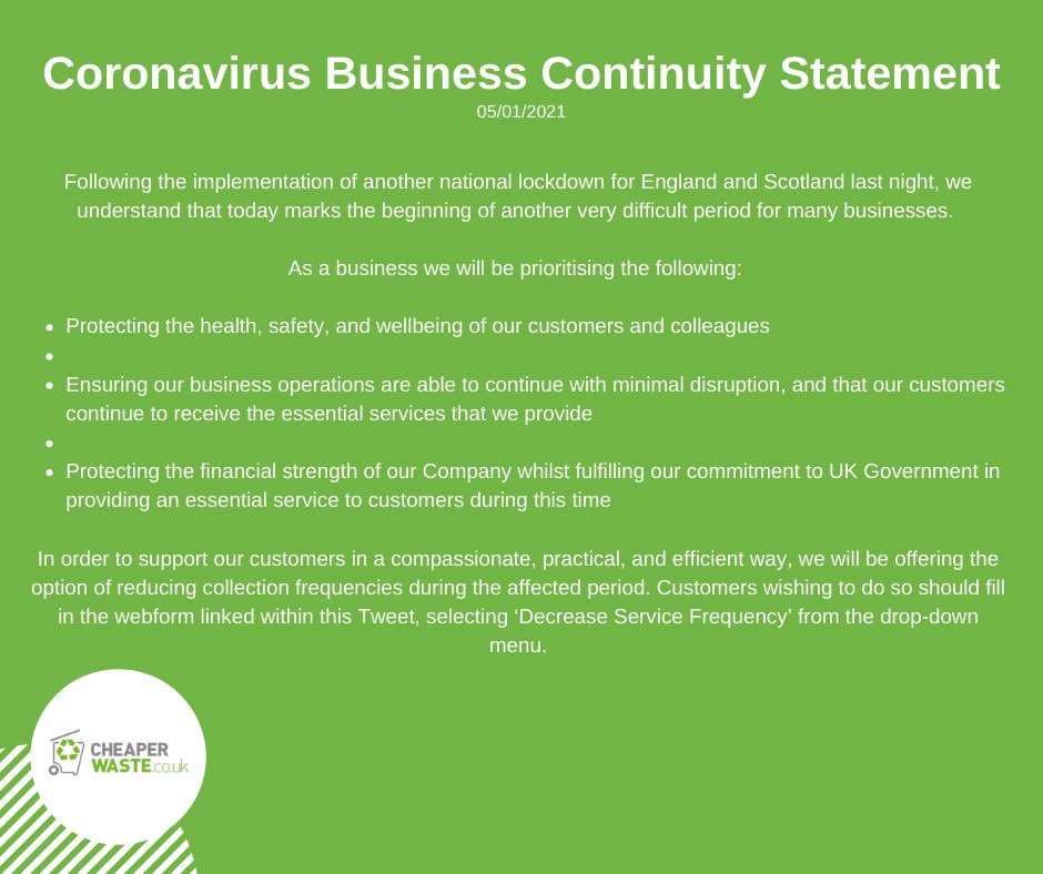 CheaperWaste's tweet image. Coronavirus Business Continuity Statement

View statement online ➡️ bit.ly/3ou2tTD

Webform to reduce collection frequency ➡️ bit.ly/2L6jKUj