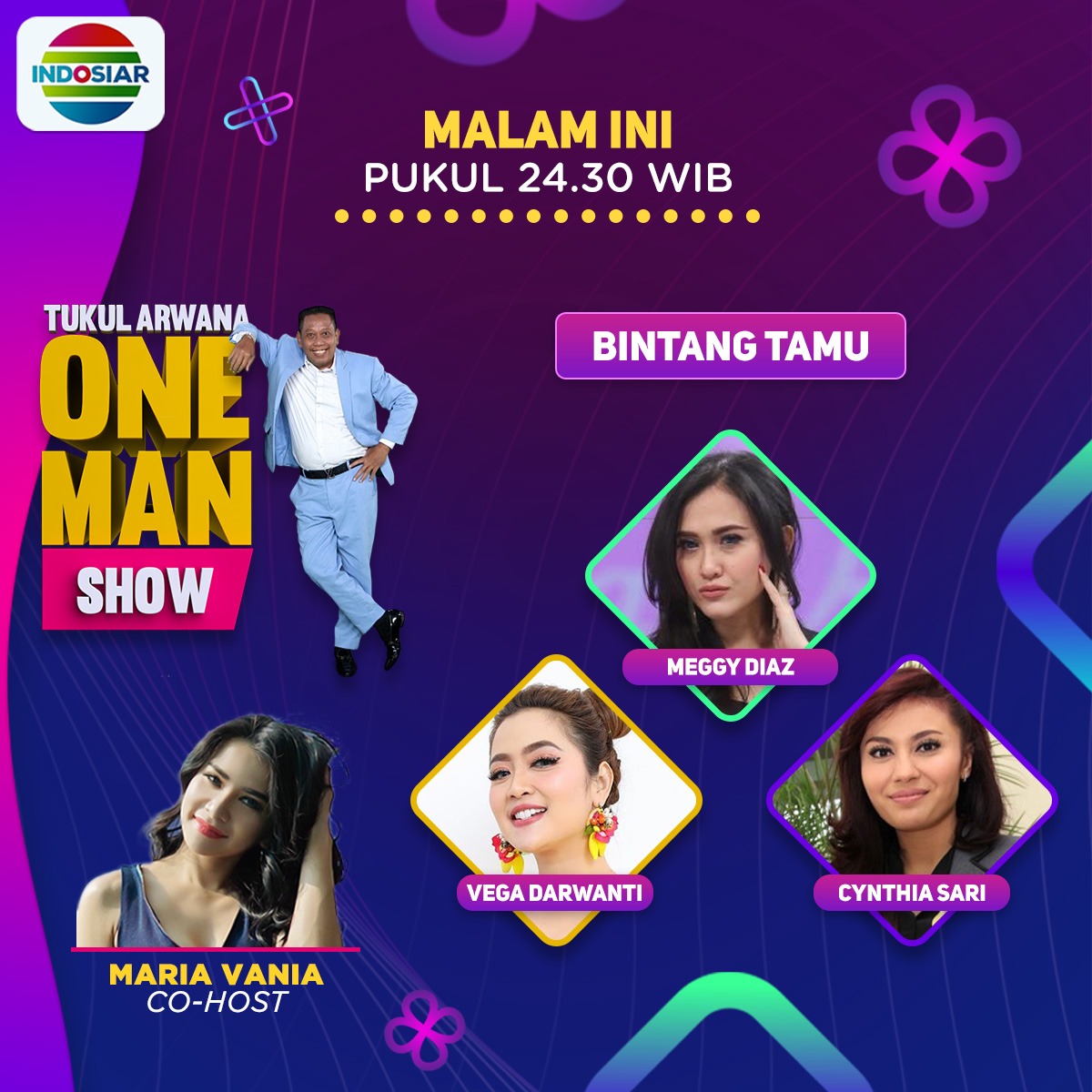 Bintang tamu malam ini pernah bekerja sama dengan Tukul. Penasaran bangai mana keseruan #TukulOneManShow malam ini pukul 24.30 WIB
Jangan sampai ketinggalan ya~
