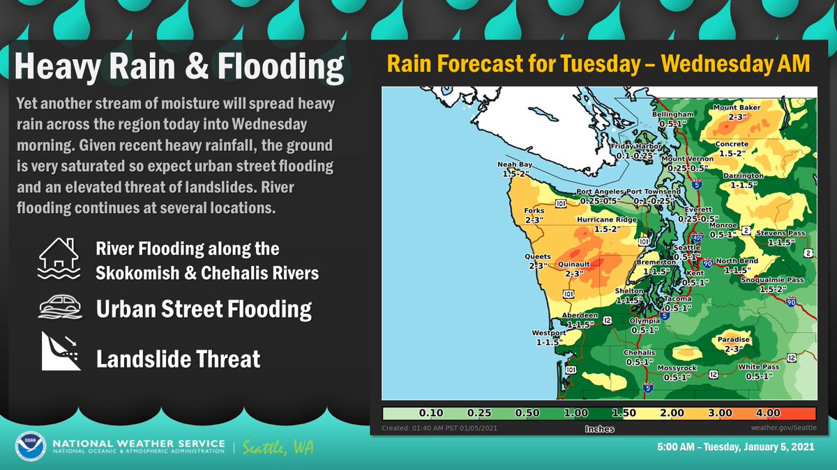  Yet another stream of moisture will spread more rain across the area into Wednesday morning. Given recent heavy rainfall, the ground is very saturated so expect urban street flooding & an elevated threat of landslides. River flooding continues at several locations.  #wawx