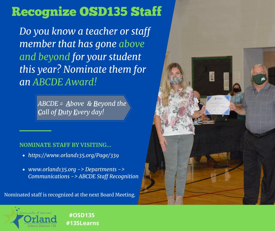 Do you know an OSD135 staff member that has gone above and beyond for you or your student this year? Nominate them for an ABCDE Award! 🤓🧑‍🏫✏️ Click the link to learn more and to fill out the form: orland135.org/Page/339 #OSD135 #135learns