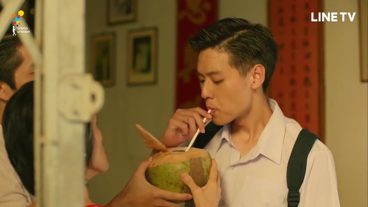 Teh was offered another drink of coconut water before his entrance exam in episode five. He claimed to dislike coconuts once again and attempted to refuse yet another sip of the coconut juice. But he still failed to do so 