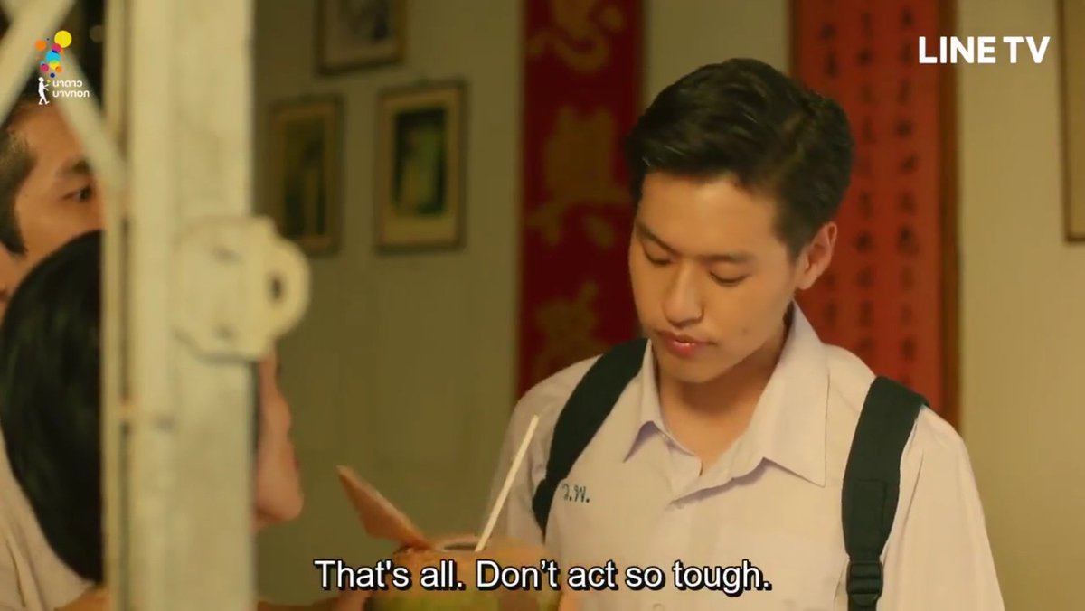 Teh was offered another drink of coconut water before his entrance exam in episode five. He claimed to dislike coconuts once again and attempted to refuse yet another sip of the coconut juice. But he still failed to do so 