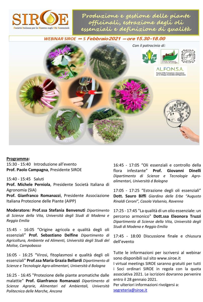Aipp1992's tweet photo. #Webinar #SIROE il 5 febbraio 2021 con il #patrocinio di #AIPP e gratuito per i #Soci, su #Produzione e #gestione delle #piante #officinali, organizzato da #UNIMOL, #UNIVPM, #UNIBO e #UNIMORE e accreditato dal #CONAF per i #crediti #formativi. Info su https://t.co/3UfoGDirhQ https://t.co/guvqea7K2A
