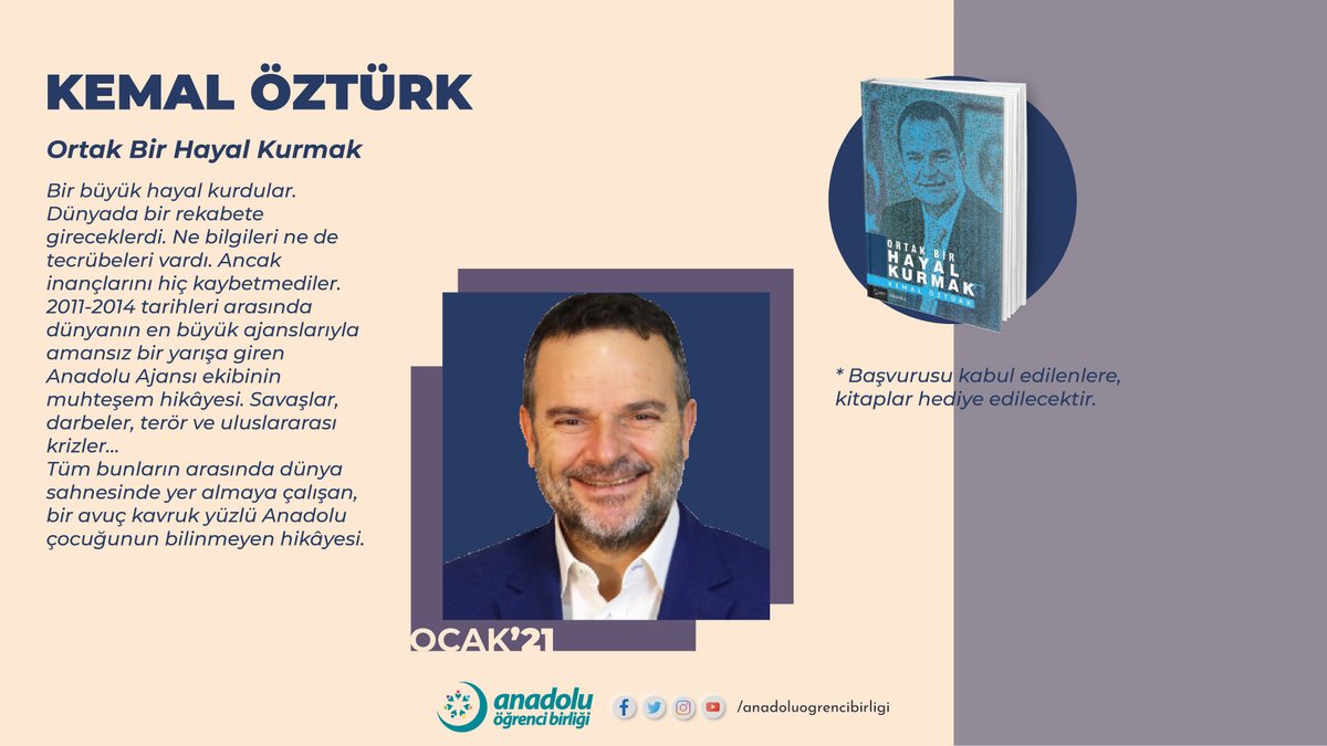 📚 4 Kitap 4 Yazar Projemizin son bölümünde 'Ortak Bir Hayal Kurmak' kitabını,  yazarı Kemal Öztürk'le beraber konuşacağız.

Ortak Bir Hayal Kurmak kitap kritiğine başvuru için;
👇

 🔗 anadoluogrenci.org/4-kitap-4-yaza…
