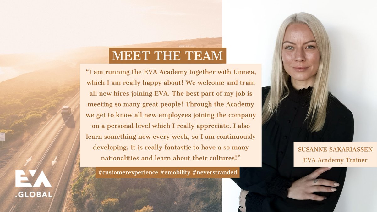 EVASSISTGLOBAL's tweet photo. MEET THE TEAM ✨ We're happy to introduce our EVA Academy Trainer Susanne Sakariassen! Susanne runs the EVA Academy together with Linnea Wallin by executing all onboarding trainings for the new employees joining EVA!
#customerexperience #emobility #neverstranded #meettheteam https://t.co/RdyotGG58v
