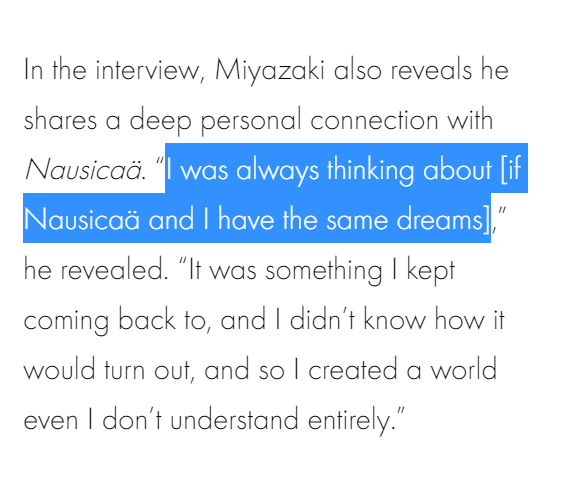 Miyazaki on Nausicaä https://i-d.vice.com/en_uk/article/9knkv8/watch-this-lost-1990-interview-with-studio-ghibli-founder-hayao-miyazaki