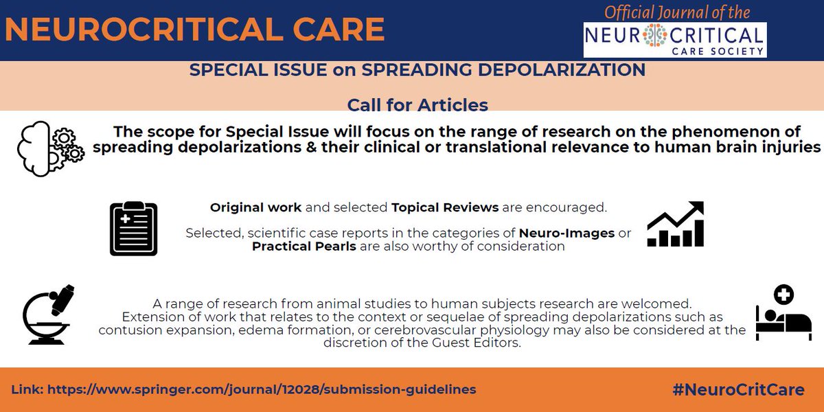 NeurocritCareJ's tweet photo. Special issue on #SpreadingDepolarization
Call for papers #NeuroCritCare
🐁animal studies to 🚑 human subjects research
👍Original work & selected Topical Reviews
👊Neuro-Images or Practical Pearls
Submission: https://t.co/29gRATvbLk
@neurocritical @ClinMedJournals https://t.co/Di4RFxpD0p