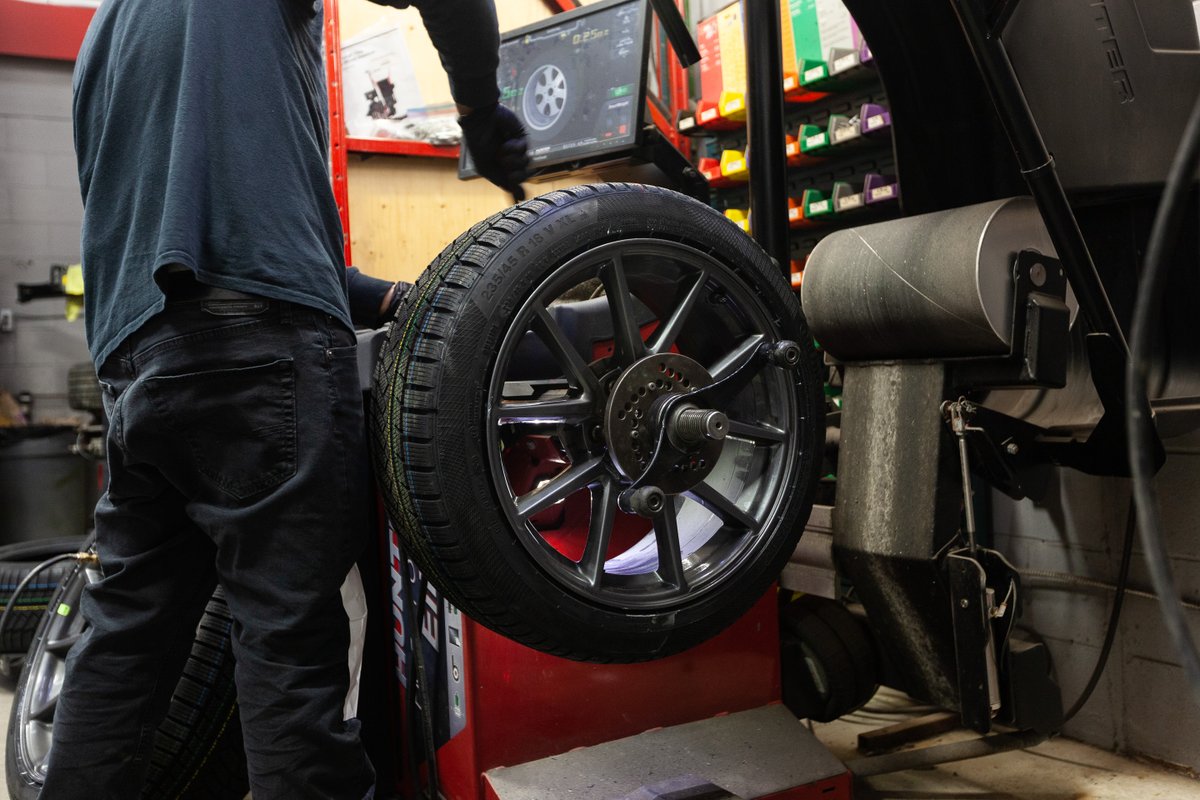 Balancing a Winter wheel and tire setup for a Tesla Model 3. With our @HunterEng balancers, we ensure the smoothest highway driving experience on your new tires. #ottcity #supportlocal #wintertires #tesla