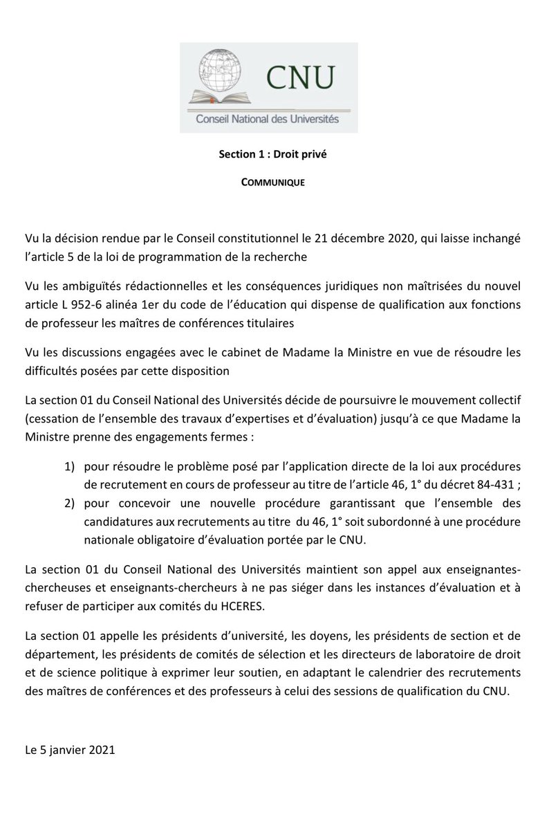 CNU droit privé : la section 01 maintient la suspension des activités tant que le Ministère ne prendra pas des engagements fermes sur une procédure nationale de recrutement des professeurs.