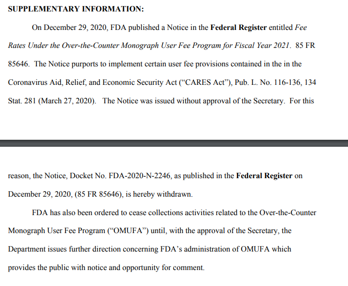 This statement is extraordinary. “The Notice was issued without approval of the Secretary.” “FDA has also been ordered to crease collections…” Folks, this is not how government normally works. Now, this isn’t the first time that FDA and HHS have been at odds in recent weeks…