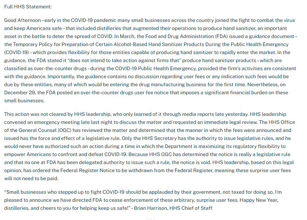 On Dec. 31, HHS spokesperson Brian Harrison put out a statement saying that FDA’s user fee notification "was not cleared by HHS leadership, who only learned of it through media reports late yesterday.”