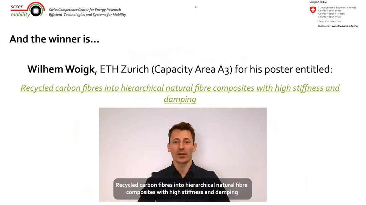 I’m super happy to be the winner of the Poster Award at the 7th SCCER Mobility annual conference. 
Flax + recycled carbon fibres + 3D printing = A hybrid composite with amazing damping props. Thanks to my co-authors.
<a href="/Complex_Mat/">Complex Materials ETHZ</a> <a href="/Shaping_Matter/">Shaping Matter Lab @TUDelft</a> #sccer #ethzurich #flaxfibre