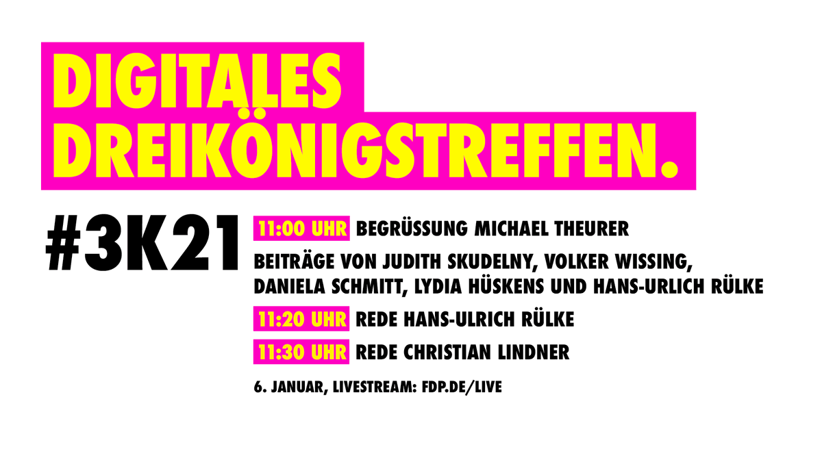 fdp's tweet photo. #3K21 - Digitales #Dreikönig|streffen der FDP am 6. Januar 2021 mit @EUTheurer, @JudithSkudelny, @Wissing, @LydiaHueskens, @Schmitt_FDP, @ruelke und @c_lindner.

#Live ab 11 Uhr auf https://t.co/QwaXhT5Azp https://t.co/eCXntITdis