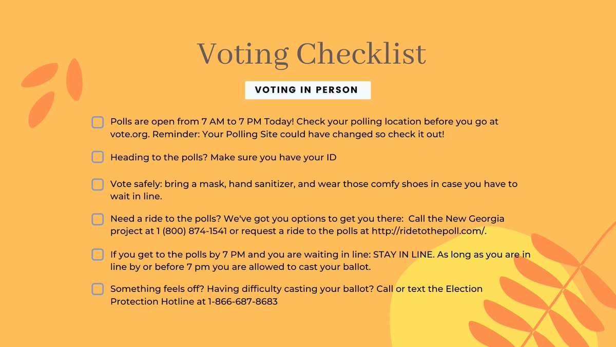 VotePositiveUSA's tweet photo. It's #ElectionDay in Georgia. If you're voting today, be sure to ✅ check ✅ that you have everything you need! #VotePoz #gapol #gasen https://t.co/cptXks0NYG